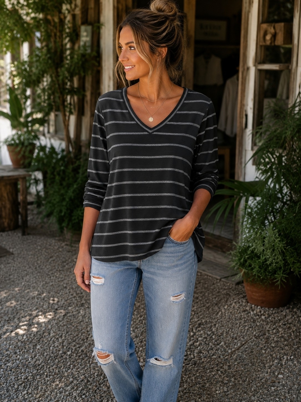 Zeanna PREMIUM Black Gray Striped V Neck Long Sleeve Top